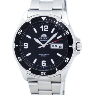 Orient Mako II FAA02001B9 automatic diver with black dial and stainless steel bracelet Orient Mako II FAA02001B9 case profile showing screw-down crown and unidirectional bezel Orient Mako II FAA02001B9 black dial close-up with luminous markers and day-date window
