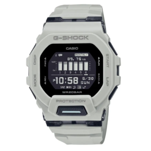 Casio G-Shock GBD-200UU-9 grey resin training watch front view Casio G-Shock GBD-200UU-9 side profile showing slim G-SQUAD case Casio G-Shock GBD-200UU-9 digital display showing training data