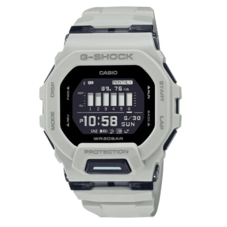 Casio G-Shock GBD-200UU-9 grey resin training watch front view Casio G-Shock GBD-200UU-9 side profile showing slim G-SQUAD case Casio G-Shock GBD-200UU-9 digital display showing training data