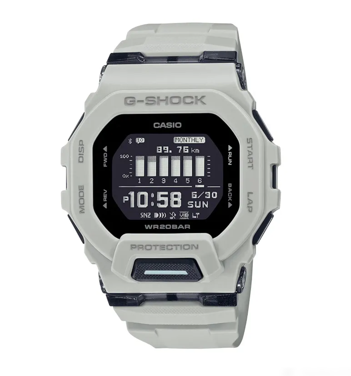 Casio G-Shock GBD-200UU-9 grey resin training watch front view Casio G-Shock GBD-200UU-9 side profile showing slim G-SQUAD case Casio G-Shock GBD-200UU-9 digital display showing training data