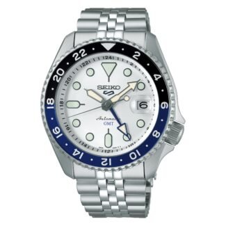 Seiko 5 Sports SSK033K1 white/silver dial front view Seiko 5 Sports SSK033K1 dual-tone bezel and stainless steel bracelet Seiko 5 Sports SSK033K1 see-through caseback showing automatic movement