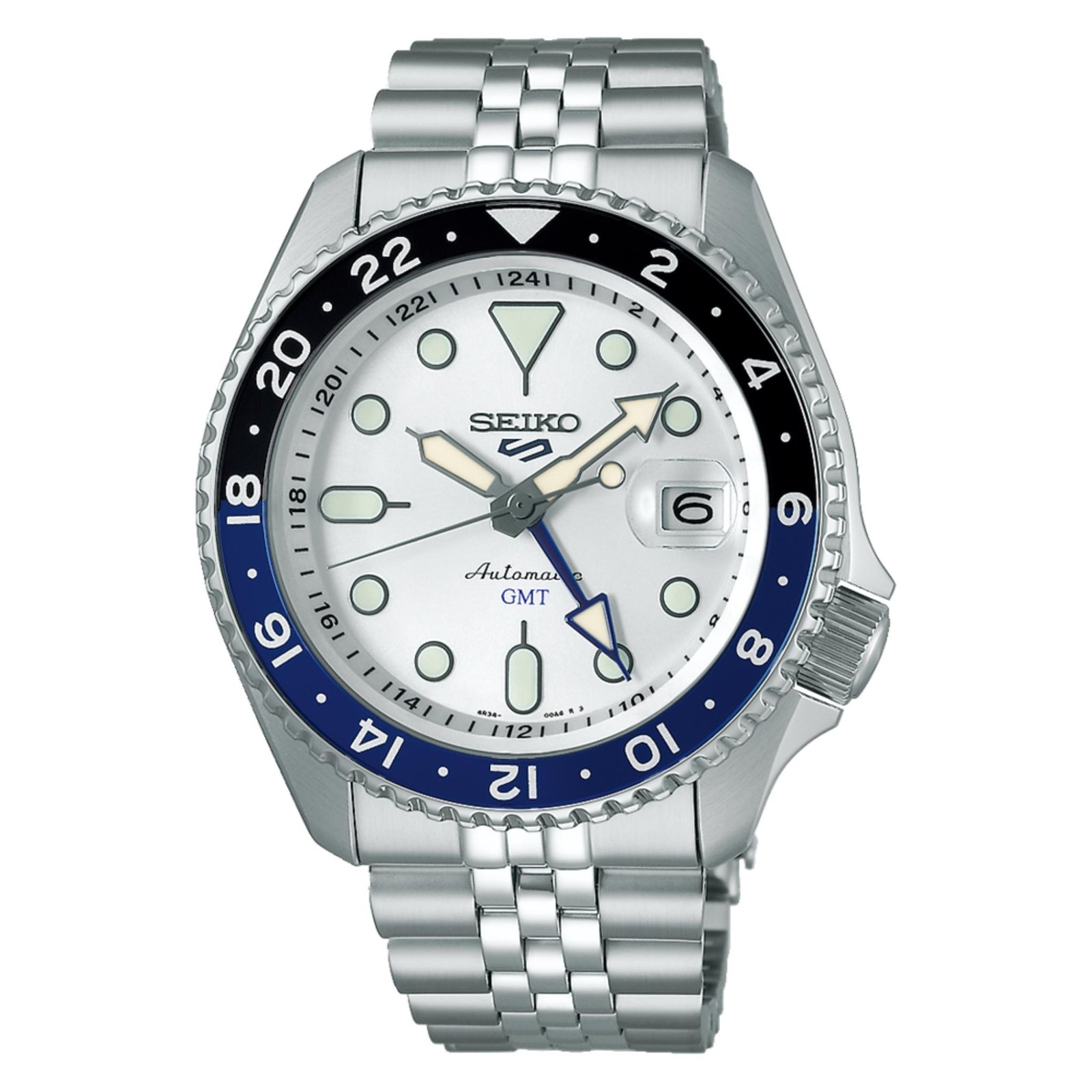 Seiko 5 Sports SSK033K1 white/silver dial front view Seiko 5 Sports SSK033K1 dual-tone bezel and stainless steel bracelet Seiko 5 Sports SSK033K1 see-through caseback showing automatic movement