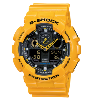 Casio G-Shock GA-100A-9A yellow resin analog-digital watch with black face Casio G-Shock GA-100A-9A case profile showing oversized anti-slip buttons Casio G-Shock GA-100A-9A three-dial face with analog hands and twin digital displays