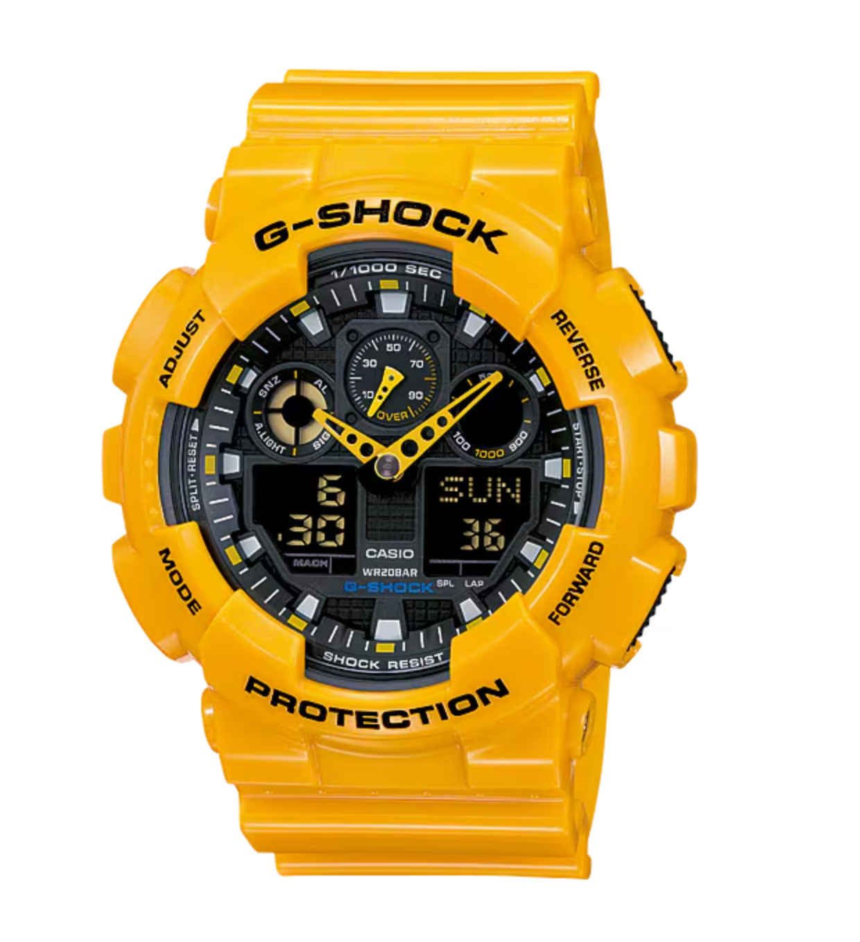 Casio G-Shock GA-100A-9A yellow resin analog-digital watch with black face Casio G-Shock GA-100A-9A case profile showing oversized anti-slip buttons Casio G-Shock GA-100A-9A three-dial face with analog hands and twin digital displays