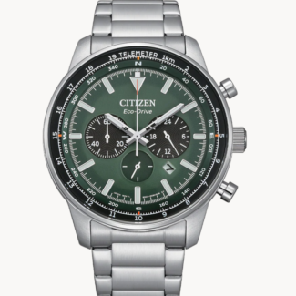 Citizen Eco-Drive CA4500-91X green dial chronograph with telemeter scale Citizen Eco-Drive CA4500-91X stainless steel case and bracelet side profile Citizen Eco-Drive CA4500-91X dial detail showing 24-hour display and date