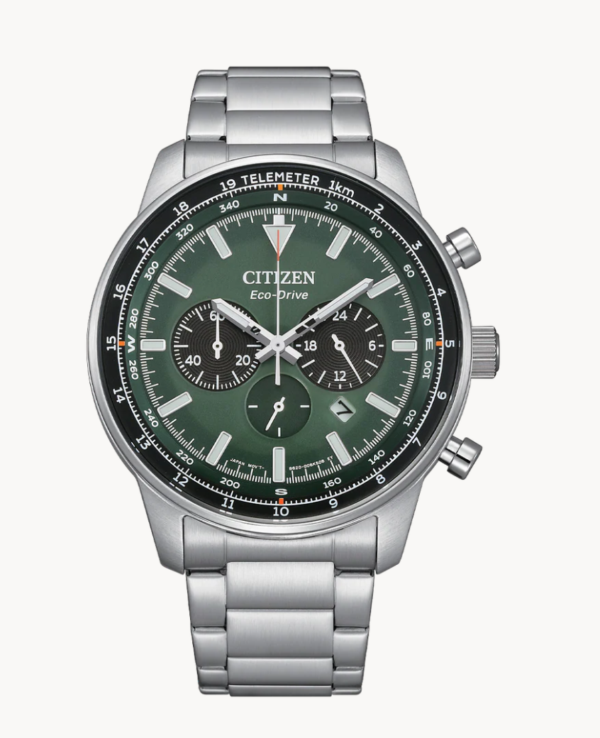 Citizen Eco-Drive CA4500-91X green dial chronograph with telemeter scale Citizen Eco-Drive CA4500-91X stainless steel case and bracelet side profile Citizen Eco-Drive CA4500-91X dial detail showing 24-hour display and date