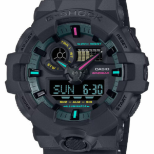 Casio G-Shock GA-700MF-1A matte black watch with fluorescent hour markers Casio G-Shock GA-700MF-1A large 57.5mm case side profile on resin band Casio G-Shock GA-700MF-1A digital display lit by the LED Super Illuminator