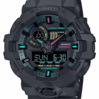 Casio G-Shock GA-700MF-1A matte black watch with fluorescent hour markers Casio G-Shock GA-700MF-1A large 57.5mm case side profile on resin band Casio G-Shock GA-700MF-1A digital display lit by the LED Super Illuminator