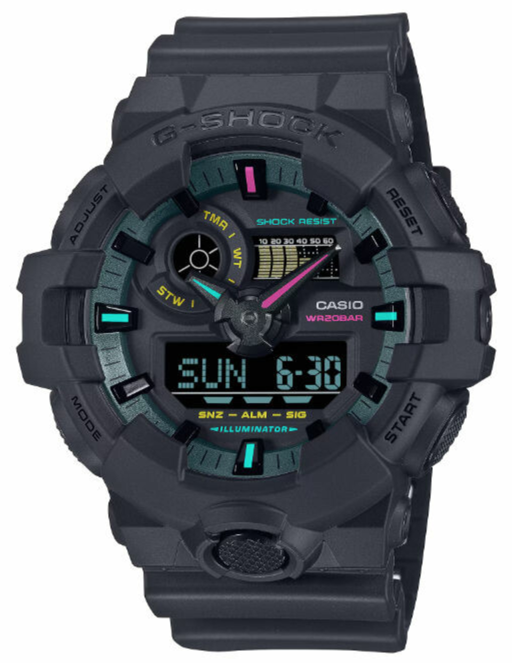 Casio G-Shock GA-700MF-1A matte black watch with fluorescent hour markers Casio G-Shock GA-700MF-1A large 57.5mm case side profile on resin band Casio G-Shock GA-700MF-1A digital display lit by the LED Super Illuminator