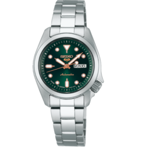 Seiko 5 Sports SRRA005 women's automatic watch with green dial and stainless steel bracelet Seiko 5 Sports SRRA005 28mm case profile showing mirror-finished bracelet centre links Seiko 5 Sports SRRA005 green dial close-up with luminous markers and day-date window