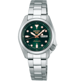 Seiko 5 Sports SRRA005 women's automatic watch with green dial and stainless steel bracelet Seiko 5 Sports SRRA005 28mm case profile showing mirror-finished bracelet centre links Seiko 5 Sports SRRA005 green dial close-up with luminous markers and day-date window