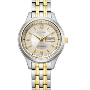 Citizen Collection PD7154-61P champagne gold dial front view Citizen Collection PD7154-61P two-tone stainless steel bracelet and case Citizen Collection PD7154-61P see-through caseback showing automatic movement