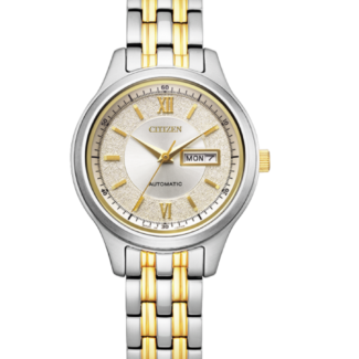 Citizen Collection PD7154-61P champagne gold dial front view Citizen Collection PD7154-61P two-tone stainless steel bracelet and case Citizen Collection PD7154-61P see-through caseback showing automatic movement