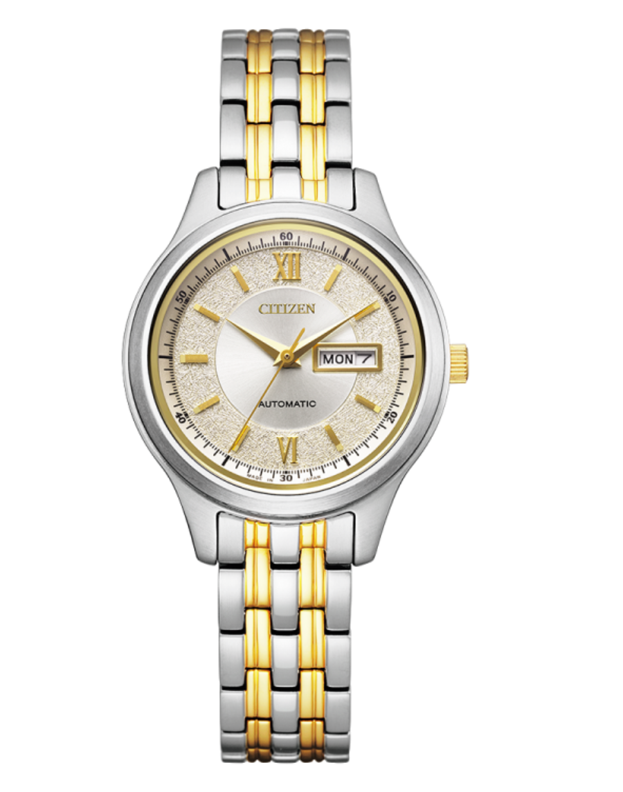 Citizen Collection PD7154-61P champagne gold dial front view Citizen Collection PD7154-61P two-tone stainless steel bracelet and case Citizen Collection PD7154-61P see-through caseback showing automatic movement