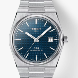 Tissot PRX Powermatic 80 blue tapisserie dial front view Tissot PRX Powermatic 80 blue dial integrated steel bracelet and case profile Tissot PRX Powermatic 80 blue dial see-through caseback showing movement