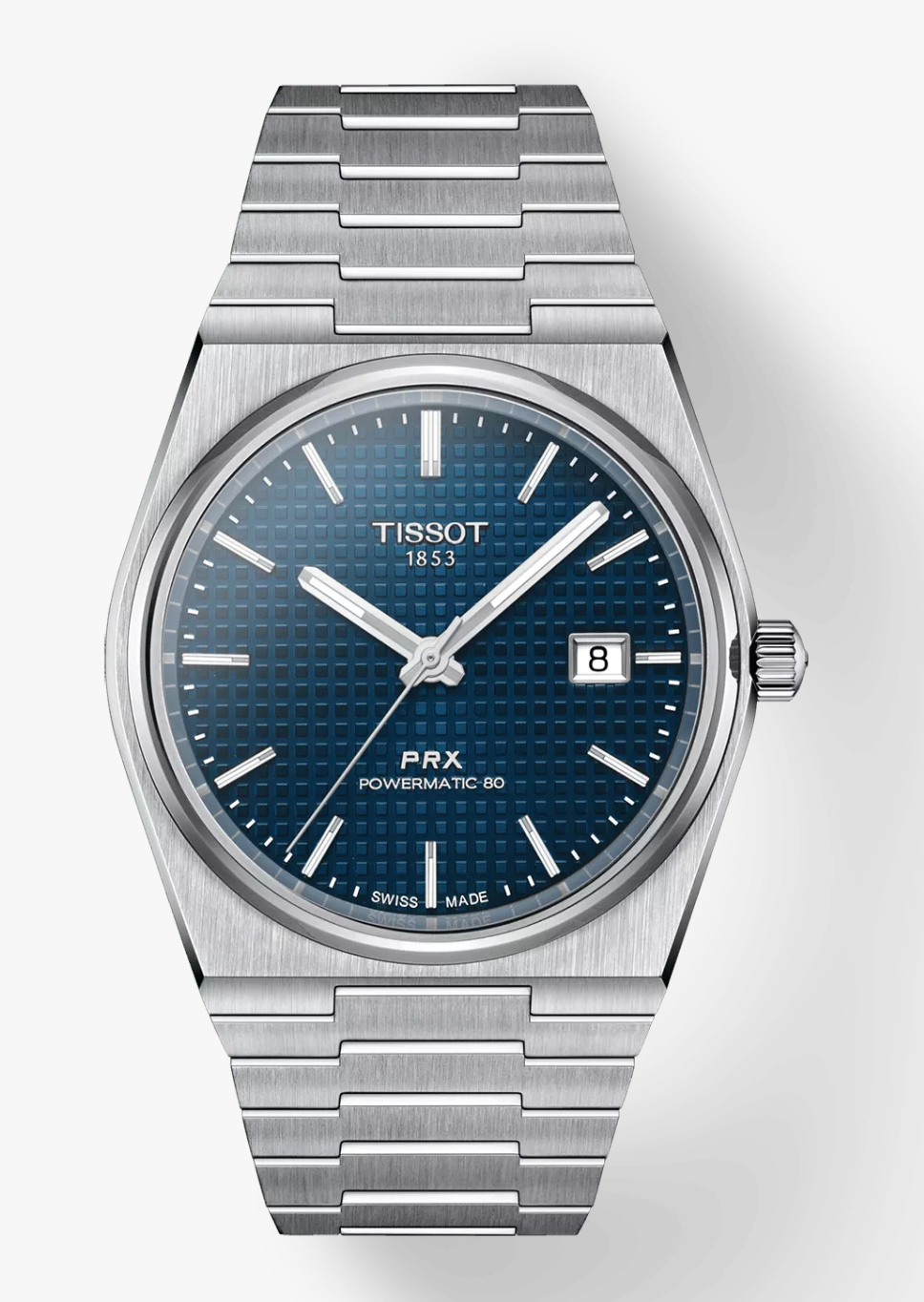 Tissot PRX Powermatic 80 blue tapisserie dial front view Tissot PRX Powermatic 80 blue dial integrated steel bracelet and case profile Tissot PRX Powermatic 80 blue dial see-through caseback showing movement