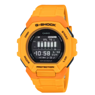 Casio G-Shock GBD-300-9 yellow resin training watch front view Casio G-Shock GBD-300-9 side profile showing octagonal bezel design Casio G-Shock GBD-300-9 MIP display showing training data