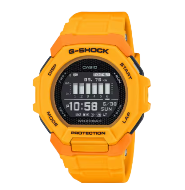 Casio G-Shock GBD-300-9 yellow resin training watch front view Casio G-Shock GBD-300-9 side profile showing octagonal bezel design Casio G-Shock GBD-300-9 MIP display showing training data