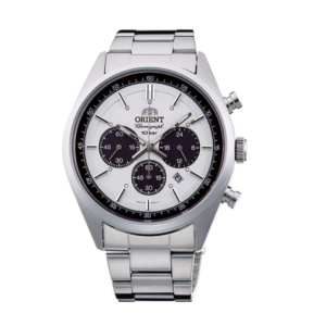 Orient WV0041TX panda dial chronograph front view Orient WV0041TX stainless steel oyster bracelet and case profile Orient WV0041TX chronograph sub-dials and date window detail