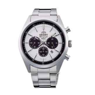 Orient WV0041TX panda dial chronograph front view Orient WV0041TX stainless steel oyster bracelet and case profile Orient WV0041TX chronograph sub-dials and date window detail