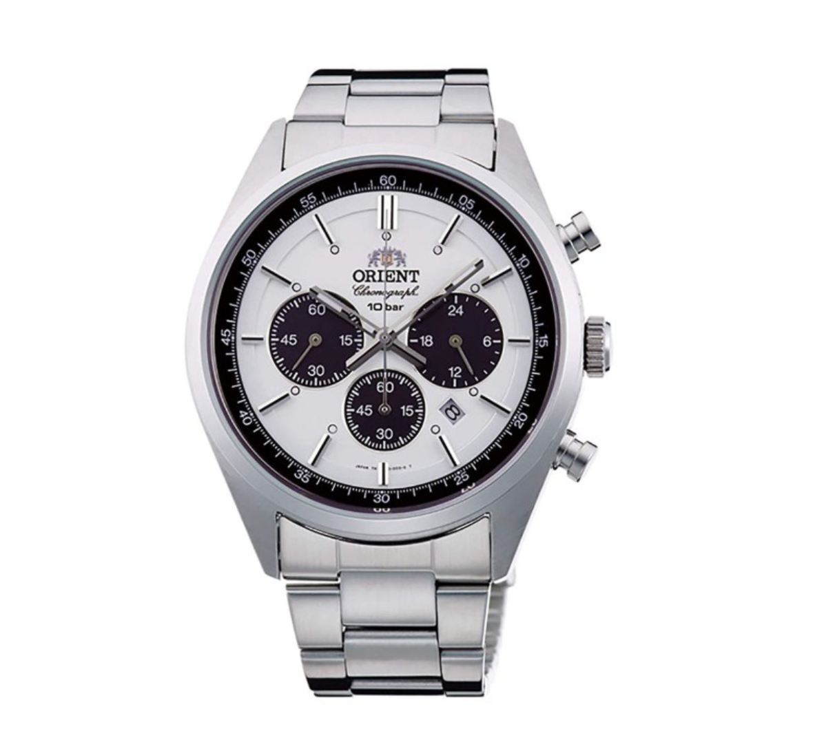 Orient WV0041TX panda dial chronograph front view Orient WV0041TX stainless steel oyster bracelet and case profile Orient WV0041TX chronograph sub-dials and date window detail