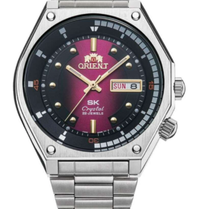 Orient SK Revival RN-AA0B02R with black-to-purple gradient dial on steel bracelet, front view Orient SK Revival RN-AA0B02R dial close-up showing day-date at three o'clock and faceted crystal Orient SK Revival RN-AA0B02R side profile showing 41.7mm faceted steel case and twin-crown styling Orient SK Revival RN-AA0B02R caseback and integrated stainless steel bracelet Orient SK Revival RN-AA0B02R on the wrist, purple gradient dial catching the light