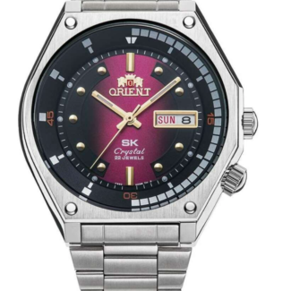 Orient SK Revival RN-AA0B02R with black-to-purple gradient dial on steel bracelet, front view Orient SK Revival RN-AA0B02R dial close-up showing day-date at three o'clock and faceted crystal Orient SK Revival RN-AA0B02R side profile showing 41.7mm faceted steel case and twin-crown styling Orient SK Revival RN-AA0B02R caseback and integrated stainless steel bracelet Orient SK Revival RN-AA0B02R on the wrist, purple gradient dial catching the light