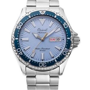 Orient Kamasu RA-AA0823L sky-blue sunburst dial front view Orient Kamasu RA-AA0823L stainless steel case and bracelet profile Orient Kamasu RA-AA0823L engraved 75th Anniversary caseback with serial number