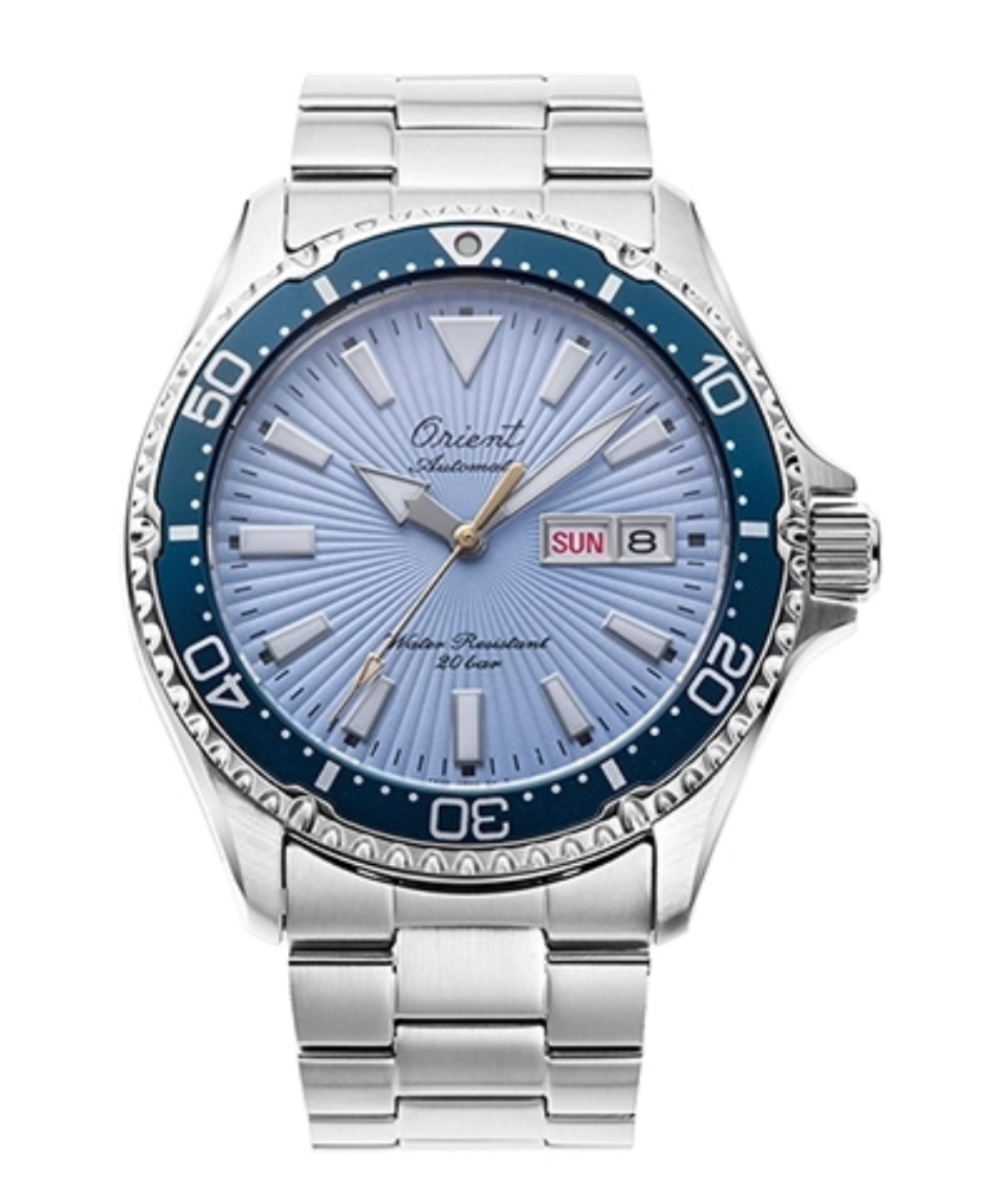 Orient Kamasu RA-AA0823L sky-blue sunburst dial front view Orient Kamasu RA-AA0823L stainless steel case and bracelet profile Orient Kamasu RA-AA0823L engraved 75th Anniversary caseback with serial number