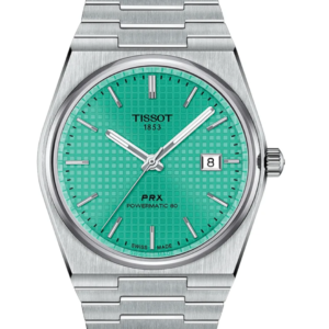 Tissot PRX Powermatic 80 mint green tapisserie dial front view Tissot PRX Powermatic 80 mint green integrated steel bracelet and case profile Tissot PRX Powermatic 80 mint green see-through caseback showing movement