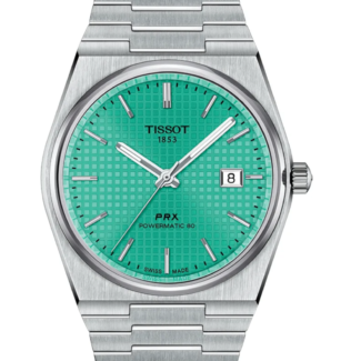 Tissot PRX Powermatic 80 mint green tapisserie dial front view Tissot PRX Powermatic 80 mint green integrated steel bracelet and case profile Tissot PRX Powermatic 80 mint green see-through caseback showing movement