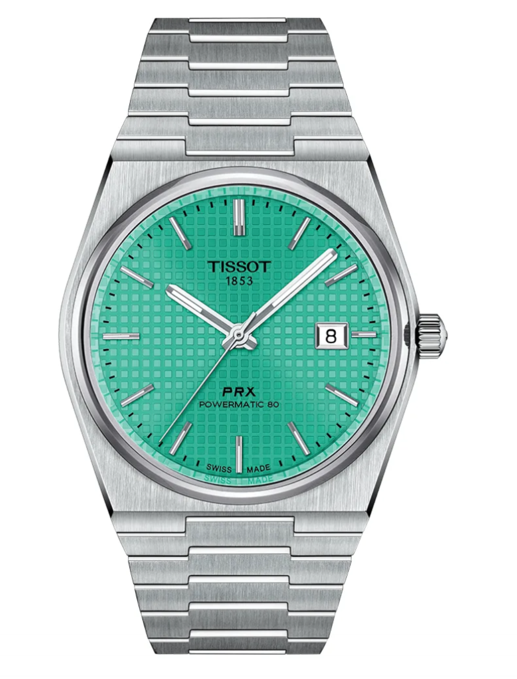 Tissot PRX Powermatic 80 mint green tapisserie dial front view Tissot PRX Powermatic 80 mint green integrated steel bracelet and case profile Tissot PRX Powermatic 80 mint green see-through caseback showing movement