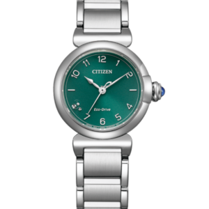 Citizen L May Bells Mini EM1130-83X green gradient dial front view Citizen L May Bells Mini EM1130-83X curved stainless steel case profile Citizen L May Bells Mini EM1130-83X diamond accent and crown detail