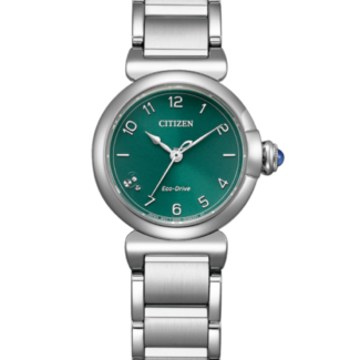 Citizen L May Bells Mini EM1130-83X green gradient dial front view Citizen L May Bells Mini EM1130-83X curved stainless steel case profile Citizen L May Bells Mini EM1130-83X diamond accent and crown detail
