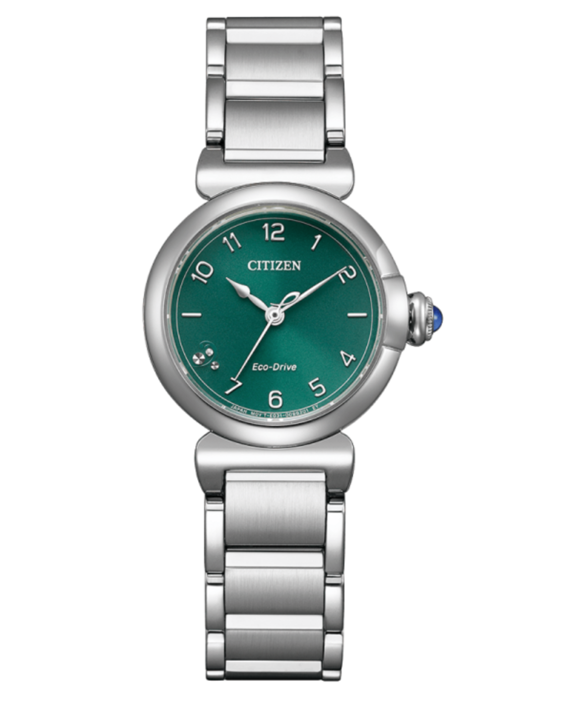 Citizen L May Bells Mini EM1130-83X green gradient dial front view Citizen L May Bells Mini EM1130-83X curved stainless steel case profile Citizen L May Bells Mini EM1130-83X diamond accent and crown detail