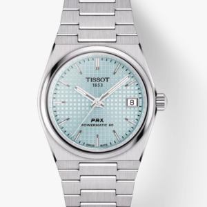 Tissot PRX Powermatic 80 ice blue tapisserie dial front view Tissot PRX Powermatic 80 ice blue integrated steel bracelet and case profile Tissot PRX Powermatic 80 ice blue see-through caseback showing movement