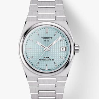 Tissot PRX Powermatic 80 ice blue tapisserie dial front view Tissot PRX Powermatic 80 ice blue integrated steel bracelet and case profile Tissot PRX Powermatic 80 ice blue see-through caseback showing movement