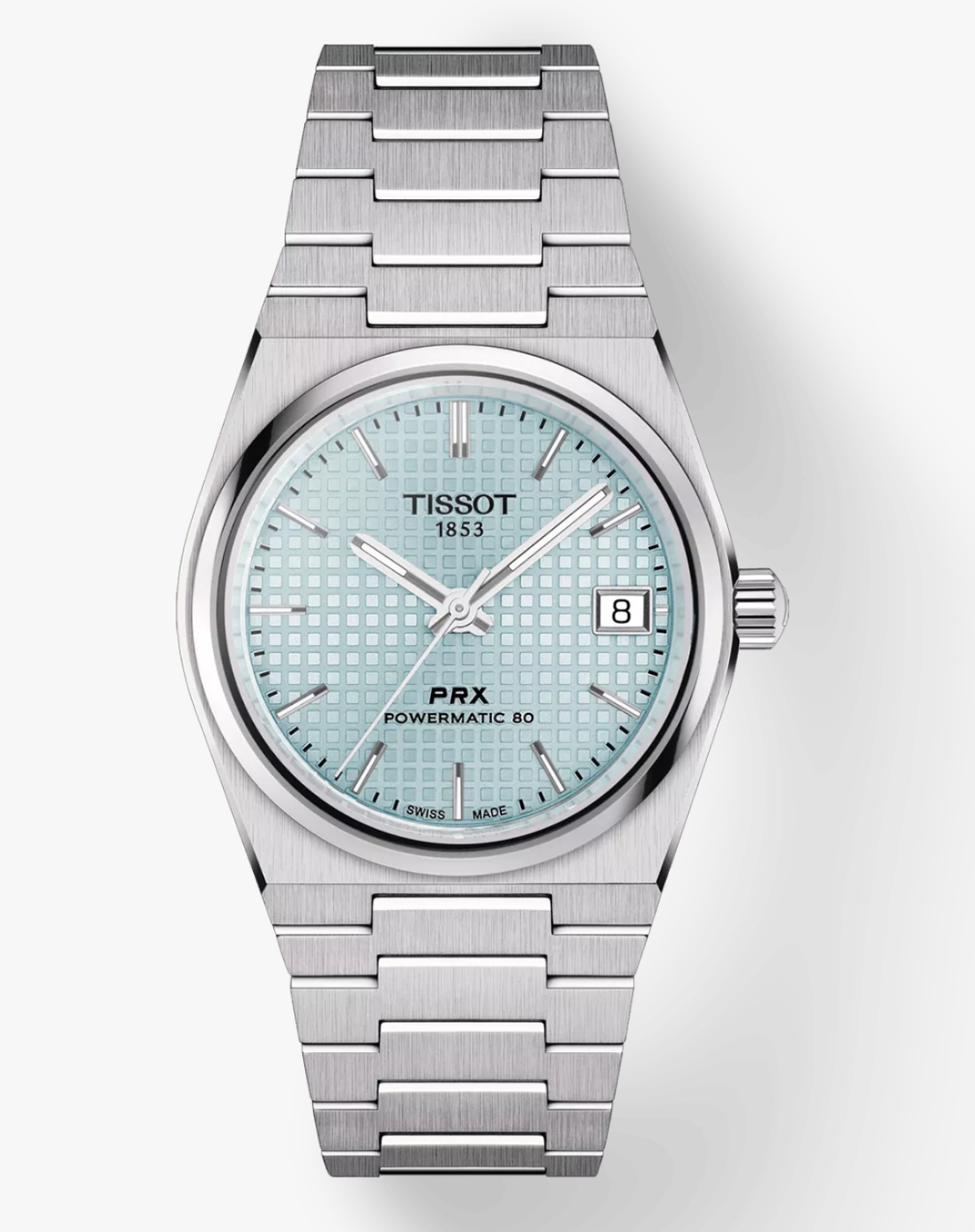 Tissot PRX Powermatic 80 ice blue tapisserie dial front view Tissot PRX Powermatic 80 ice blue integrated steel bracelet and case profile Tissot PRX Powermatic 80 ice blue see-through caseback showing movement