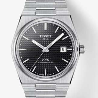 Tissot PRX Powermatic 80 black tapisserie dial front view Tissot PRX Powermatic 80 black dial integrated steel bracelet and case profile Tissot PRX Powermatic 80 black dial see-through caseback showing movement