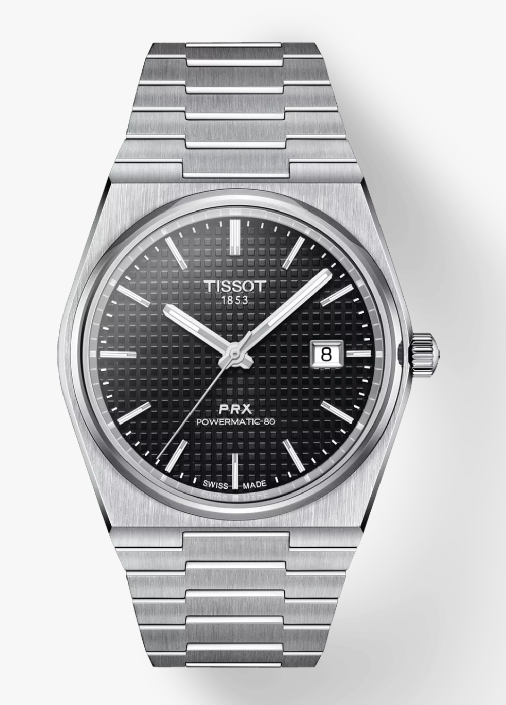 Tissot PRX Powermatic 80 black tapisserie dial front view Tissot PRX Powermatic 80 black dial integrated steel bracelet and case profile Tissot PRX Powermatic 80 black dial see-through caseback showing movement