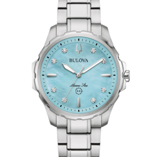 Bulova Marine Star 96P248 blue mother-of-pearl dial with diamond markers Bulova Marine Star 96P248 stainless steel case and bracelet profile Bulova Marine Star 96P248 crenellated bezel and crown detail