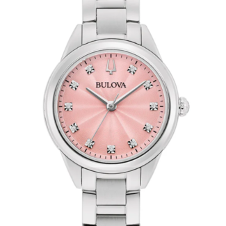 Bulova Sutton 96P249 pastel pink sunray dial with diamond markers Bulova Sutton 96P249 stainless steel case and 3-link bracelet Bulova Sutton 96P249 crown and tuning fork logo detail