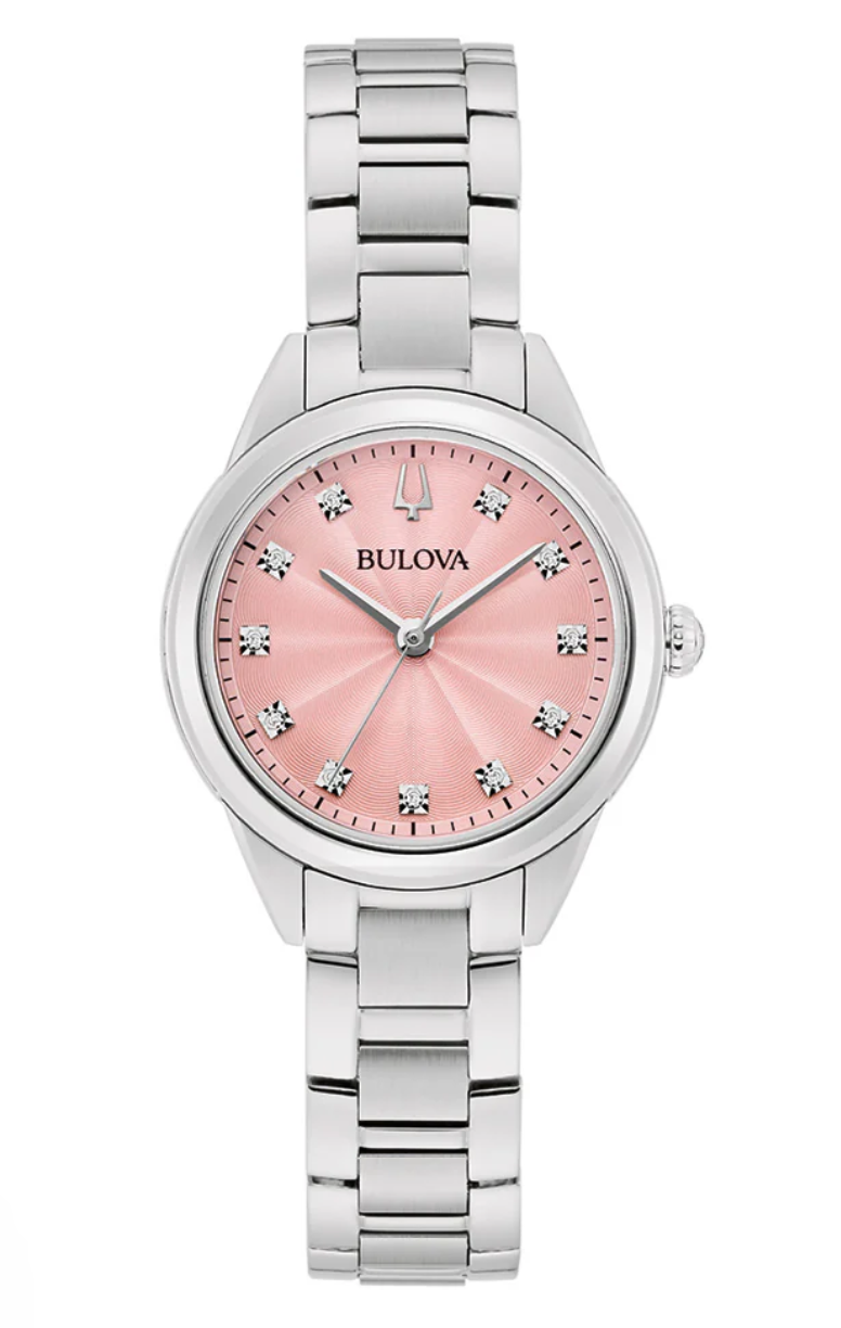 Bulova Sutton 96P249 pastel pink sunray dial with diamond markers Bulova Sutton 96P249 stainless steel case and 3-link bracelet Bulova Sutton 96P249 crown and tuning fork logo detail
