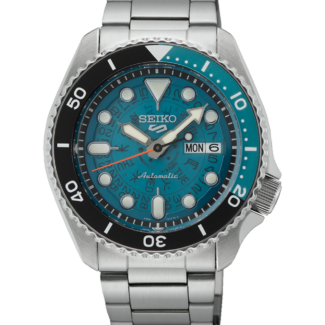 Seiko 5 Sports SRPJ45K1 translucent blue Time Sonar dial front view Seiko 5 Sports SRPJ45K1 stainless steel case and bracelet profile Seiko 5 Sports SRPJ45K1 see-through caseback showing automatic movement
