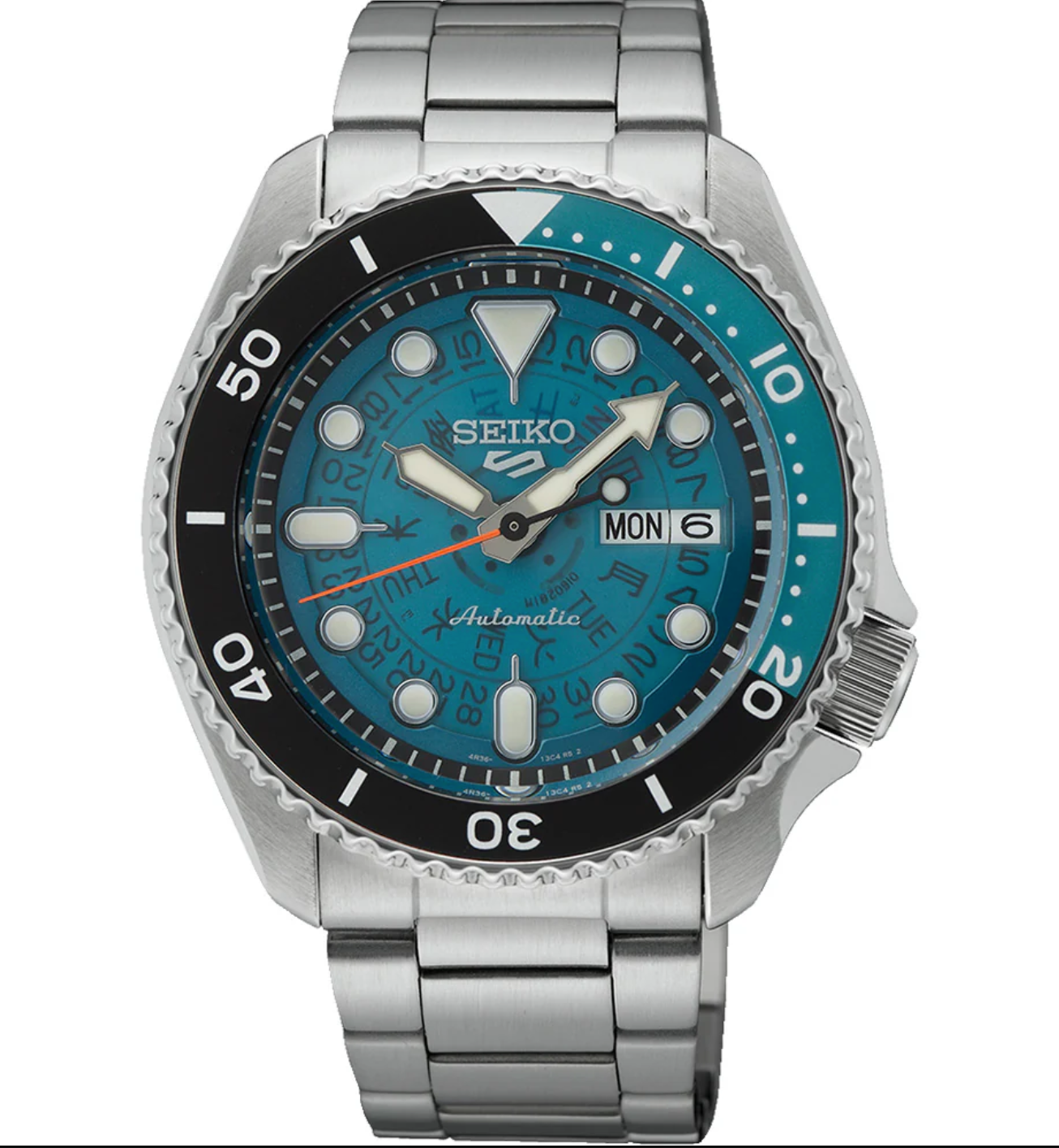 Seiko 5 Sports SRPJ45K1 translucent blue Time Sonar dial front view Seiko 5 Sports SRPJ45K1 stainless steel case and bracelet profile Seiko 5 Sports SRPJ45K1 see-through caseback showing automatic movement