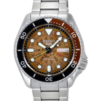 Seiko 5 Sports SRPJ47K1 translucent burnt-orange Time Sonar dial front view Seiko 5 Sports SRPJ47K1 two-tone bezel and stainless steel bracelet profile Seiko 5 Sports SRPJ47K1 see-through caseback showing automatic movement