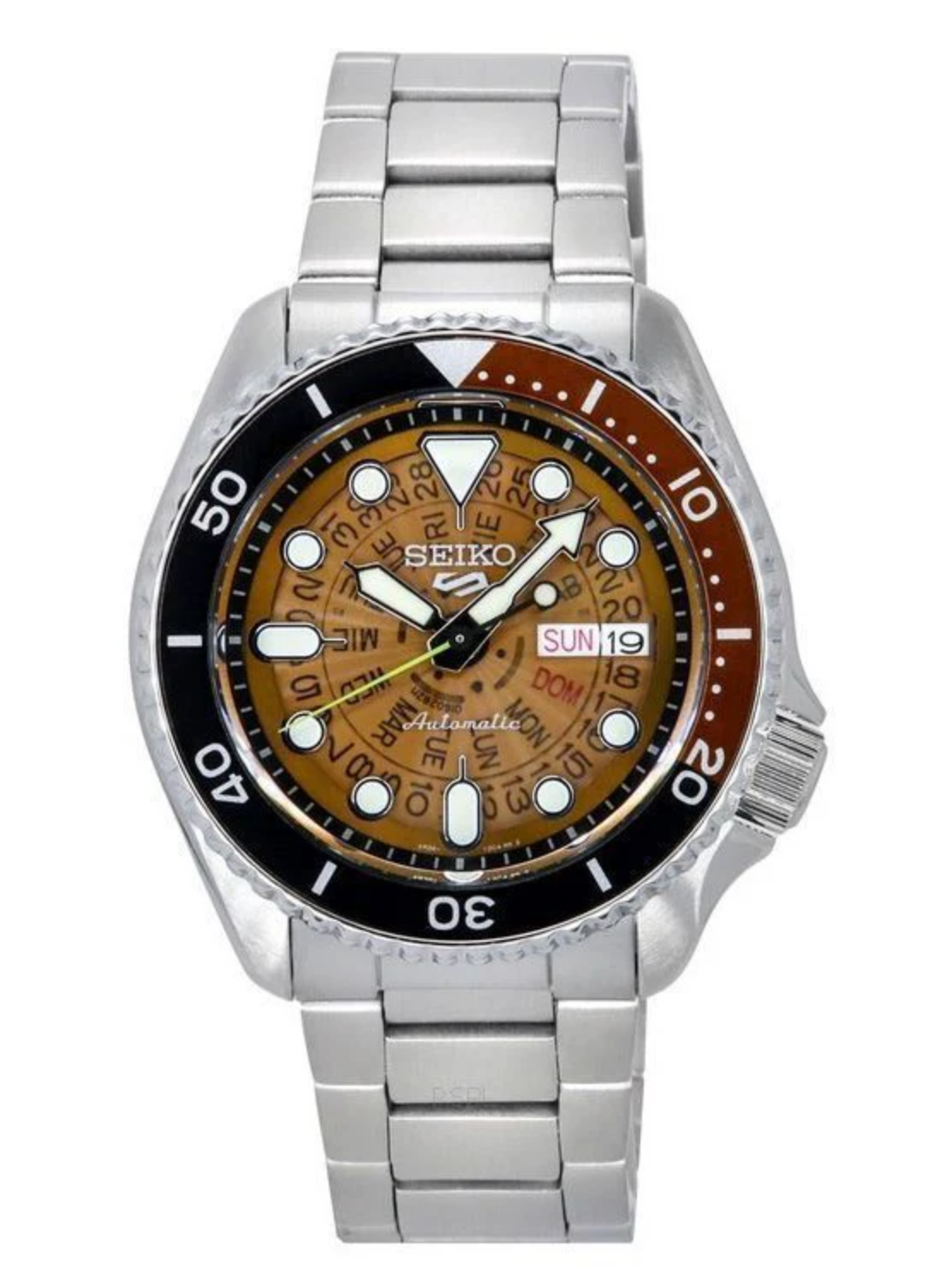 Seiko 5 Sports SRPJ47K1 translucent burnt-orange Time Sonar dial front view Seiko 5 Sports SRPJ47K1 two-tone bezel and stainless steel bracelet profile Seiko 5 Sports SRPJ47K1 see-through caseback showing automatic movement