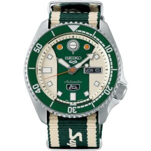 Seiko 5 Sports SRPJ49K1 Honda Super Cub cream and green dial front view Seiko 5 Sports SRPJ49K1 nylon strap with Honda and Super Cub logos Seiko 5 Sports SRPJ49K1 engraved caseback with Super Cub emblem and serial number
