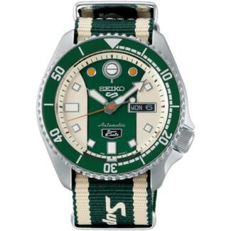 Seiko 5 Sports SRPJ49K1 Honda Super Cub cream and green dial front view Seiko 5 Sports SRPJ49K1 nylon strap with Honda and Super Cub logos Seiko 5 Sports SRPJ49K1 engraved caseback with Super Cub emblem and serial number
