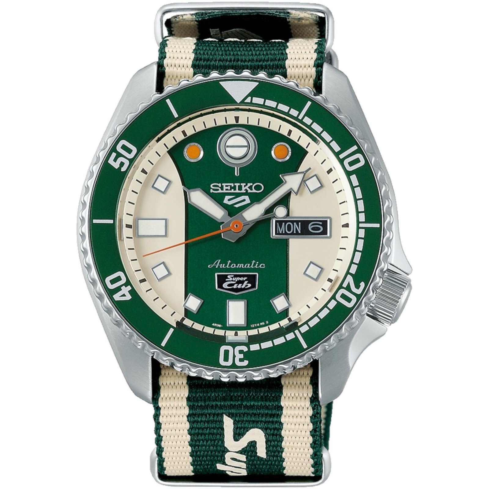 Seiko 5 Sports SRPJ49K1 Honda Super Cub cream and green dial front view Seiko 5 Sports SRPJ49K1 nylon strap with Honda and Super Cub logos Seiko 5 Sports SRPJ49K1 engraved caseback with Super Cub emblem and serial number
